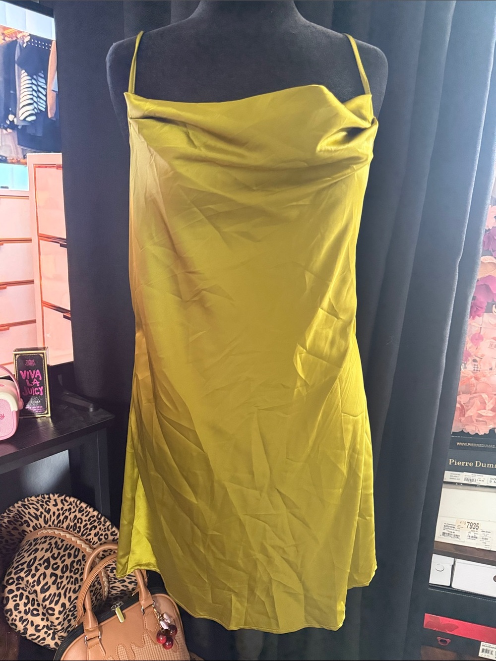 Women's Satin Slip Dress in Chartreuse